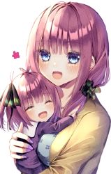 Rule 34 | 2girls, :d, black ribbon, blue dress, blue eyes, blunt bangs, blush, butterfly hair ornament, cardigan, closed eyes, collarbone, dress, floral print, flower, go-toubun no hanayome, hair ornament, highres, hug, looking at viewer, looking back, mother and daughter, multiple girls, nail polish, nakano nino, open mouth, pink hair, purple nails, raised eyebrows, ribbon, school uniform, scrunchie, serafuku, sidelocks, simple background, smile, twintails, white background, xx momomo xx, yellow cardigan