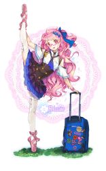 Rule 34 | 1girl, arm support, ballerina, ballet, ballet slippers, dress, full body, glasses, hair ornament, hair ribbon, hairclip, leg up, long hair, pink eyes, pink hair, plantar flexion, ribbon, riccae, side ponytail, smile, solo, suitcase, thighhighs, tiptoes, transparent background