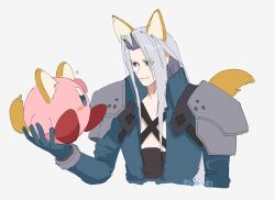 Rule 34 | 1boy, animal, animal ears, armor, bangle, belt, blue coat, blue eyes, blue gloves, blush stickers, bracelet, chest strap, coat, cropped torso, final fantasy, final fantasy vii, fox ears, fox tail, gloves, grey background, grey hair, hand up, high collar, hnsk 013, holding, holding animal, jewelry, kemonomimi mode, kirby, kirby (series), long bangs, long hair, long sleeves, looking at another, looking to the side, male focus, nintendo, open clothes, open coat, open mouth, parted bangs, pauldrons, sephiroth, shoulder armor, simple background, sitting, sitting on hand, sketch, smile, super smash bros., tail, twitter username, waving