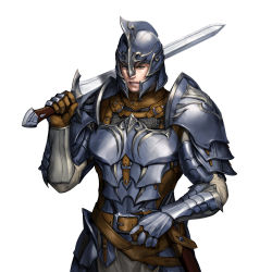 Rule 34 | 1boy, absurdres, armor, belt, black eyes, breastplate, brown belt, brown gloves, commentary, cowboy shot, english commentary, gloves, hand on belt, helmet, highres, holding, holding sword, holding weapon, lips, long sleeves, looking at viewer, official art, over shoulder, parted lips, pauldrons, r2 online, sheath, shoulder armor, simple background, solo, sword, sword over shoulder, teeth, weapon, weapon over shoulder, white background, woojoo