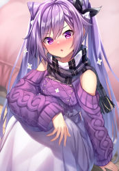 Rule 34 | 1girl, :o, alternate costume, black ribbon, black scarf, blush, breasts, casual, clothing cutout, commentary request, cone hair bun, flower, genshin impact, hair between eyes, hair bun, hair flower, hair ornament, hair ribbon, head tilt, highres, keqing (genshin impact), keqing (lantern rite) (genshin impact), long hair, long sleeves, looking at viewer, medium breasts, parted lips, purple eyes, purple hair, purple sweater, ribbon, scarf, shoulder cutout, sitting, skirt, solo, sweater, tenton (henatyo), twintails, very long hair, white flower, white skirt, wide sleeves