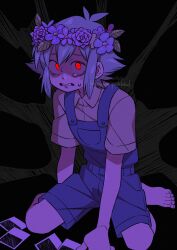 Rule 34 | 1boy, absurdres, barefoot, basil (headspace) (omori), basil (omori), blue overalls, clenched teeth, collared shirt, flower, green hair, head wreath, highres, kageimo, looking at viewer, omori, overall shorts, overalls, parted lips, photo (object), red eyes, shirt, sitting, solo, spoilers, teeth, twitter username, wariza, yellow shirt