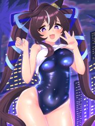 Rule 34 | 1girl, :3, black one-piece swimsuit, blue nails, blush, brown hair, cameltoe, character name, collarbone, commentary request, cowboy shot, ear covers, echieichi, giant, giantess, hair between eyes, highres, horse girl, horse tail, long hair, looking at viewer, multicolored hair, nail polish, night, one-piece swimsuit, open mouth, outdoors, sailor collar, single ear cover, smile, solo, streaked hair, swimsuit, tail, thigh gap, thighs, twintails, umamusume, very long hair, vivlos (umamusume), wet, wet clothes, wet swimsuit, white hair, white sailor collar