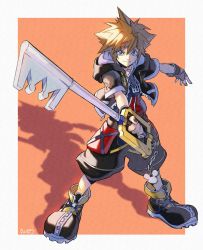 Rule 34 | 1boy, baggy shorts, blue eyes, brown hair, fighting stance, fingerless gloves, full body, gloves, highres, holding, holding weapon, hood, hooded jacket, jacket, jewelry, keyblade, charm (object), kingdom hearts, kingdom hearts ii, kingdom key, nanpou (nanpou0021), necklace, orange background, shadow, short sleeves, solo, sora (kingdom hearts), spiked hair, weapon