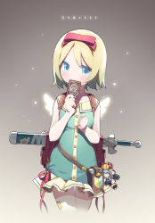 Rule 34 | 1girl, blonde hair, blue eyes, blush, bow, card, character doll, cinia pacifica, covering own mouth, dress, eyepatch, food, fruit, game starter, hair bow, holding, holding card, iri flina, len (a-7), luthica preventer, pineapple, pouch, print thighhighs, ribbon, sheath, sheathed, short hair, shoshinsha mark, sita vilosa, solo, sword, sword girls, thigh gap, thighhighs, thighs, weapon, white thighhighs, wings, zettai ryouiki