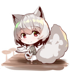 Rule 34 | 1girl, animal ears, barefoot, blush, chibi, closed mouth, cup, fox ears, fox girl, fox tail, grey kimono, hair between eyes, head tilt, holding, holding tray, japanese clothes, kimono, long sleeves, original, pleated skirt, red eyes, reflection, reflective floor, short kimono, silver hair, skirt, smile, solo, standing, tail, teacup, tray, waitress, white background, white skirt, wide sleeves, wooden floor, yuuji (yukimimi)