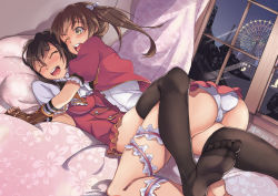 Rule 34 | 10s, 2016, 2girls, :d, alternate costume, artist name, ass, bad id, bad pixiv id, bed, black legwear, blush, breasts, brown gloves, brown hair, chikuma (kancolle), closed eyes, dated, feet, ferris wheel, fingerless gloves, gloves, hair ribbon, hetare mizu, kantai collection, large breasts, lights, long hair, lying, multiple girls, night, night sky, no shoes, on back, one eye closed, open mouth, panties, puffy short sleeves, puffy sleeves, ribbon, round teeth, short sleeves, sky, smile, soles, star (sky), teeth, thighhighs, toes, tone (kancolle), twintails, underwear, white panties, window, yuri
