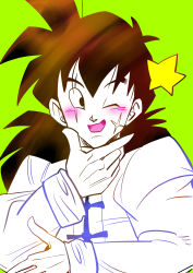 Rule 34 | 1boy, ;d, bad id, bad pixiv id, black eyes, black hair, blush, chinese clothes, close-up, dragon ball, dragonball z, green background, green theme, hand on own chin, happy, highres, long hair, long sleeves, looking away, male focus, one eye closed, open mouth, scar, shirt, simple background, smile, solo, star (symbol), tetsuyo, upper body, white shirt, yamcha, yellow theme