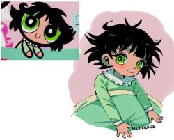 Rule 34 | 1girl, artist name, black hair, blush, bright pupils, buttercup (ppg), buttercup redraw challenge (meme), derivative work, green eyes, green pajamas, highres, long sleeves, looking at viewer, meme, messy hair, michiyou, pajamas, powerpuff girls, reference inset, screenshot inset, screenshot redraw, shadow, smile, solo, under covers, white pupils