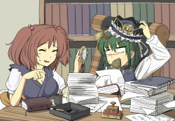 Rule 34 | 2girls, bad id, bad pixiv id, book, bookshelf, breasts, calligraphy brush, chair, cleavage, closed eyes, desk, green hair, hair bobbles, hair ornament, hand mirror, hand on headwear, hat, hat ribbon, imprinted skin, indoors, long sleeves, looking at another, maguro (mawaru sushi), medium breasts, mirror, multiple girls, office, office chair, onozuka komachi, paintbrush, paper, parted lips, red hair, ribbon, rod of remorse, shiki eiki, short hair, short sleeves, stamp, sweatdrop, swivel chair, touhou, twintails, two side up