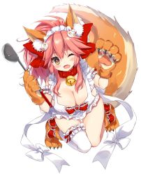 Rule 34 | 1girl, ;d, animal ear fluff, animal ears, animal hands, apron, bell, blush stickers, breasts, cat hair ornament, claws, cleavage, collar, fang, fate/grand order, fate (series), fox ears, fox tail, full body, gloves, hair ornament, highres, holding, honoka chiffon, ladle, large breasts, long hair, looking at viewer, maid headdress, naked apron, neck bell, one eye closed, open mouth, paw gloves, paw shoes, pink hair, red collar, ringed eyes, shoes, simple background, single thighhigh, skin fang, smile, solo, tail, tamamo (fate), tamamo cat (fate), tamamo cat (third ascension) (fate), thighhighs, white background, white thighhighs, yellow eyes