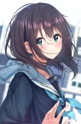 Rule 34 | 1girl, black shirt, blue neckwear, blurry, blurry background, blush, closed mouth, commentary request, depth of field, enuni, floating hair, green eyes, hair between eyes, hand up, highres, long hair, looking at viewer, original, sailor collar, school uniform, serafuku, shirt, smile, solo, white sailor collar