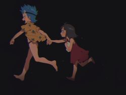 Rule 34 | 1boy, 1girl, aged down, barefoot, black background, black hair, blue hair, book, chromatic aberration, crying, crying with eyes open, dark, dress, fleeing, franky (one piece), from side, furrowed brow, goggles, goggles on head, highres, holding, holding book, holding hands, jitome, male underwear, nico robin, one piece, open clothes, open shirt, qin (7833198), running, short hair, short sleeves, simple background, sleeveless, tareme, tears, underwear, v-shaped eyebrows