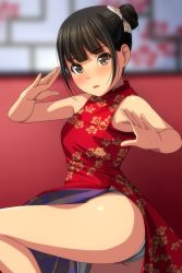 Rule 34 | 1girl, absurdres, ass, bare arms, bare shoulders, black hair, blurry, blurry background, blush, brown eyes, china dress, chinese clothes, depth of field, dress, feet out of frame, floral print, grey panties, hair bun, highres, looking at viewer, matsunaga kouyou, nose blush, original, panties, parted lips, print dress, single hair bun, sleeveless, sleeveless dress, standing, standing on one leg, underwear