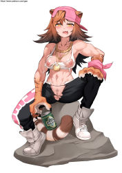 Rule 34 | 1girl, abs, animal ears, backwards hat, baseball cap, beer can, blush, bra, breasts, brown hair, can, chain, chain necklace, claws, cleavage, cleft of venus, commentary, drink can, drunk, english commentary, fangs, female pubic hair, flipped hair, full body, fur, gao (gaolukchup), gold chain, hand on own knee, hat, highres, jewelry, large breasts, long hair, midriff, monster girl, muscular, muscular female, navel, necklace, nipples, no panties, original, pants, pendant, pubic hair, pussy, ribbon, rock, shoes, sitting, slit pupils, sneakers, solo, sports bra, spread legs, strap gap, tail, tiger ears, tiger tail, torn bra, torn clothes, torn pants, torn sports bra, uncensored, underwear, wrist ribbon, yellow eyes, yoga pants
