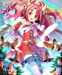 Rule 34 | 10s, 1girl, angel, angel wings, artist request, bell, bellringer angel, cygames, detached sleeves, dress, feathers, flower, gloves, hair bell, hair ornament, halo, official art, pantyhose, rainbow, red dress, red eyes, red hair, shadowverse, shingeki no bahamut, smile, striped clothes, striped legwear, striped pantyhose, twintails, wings