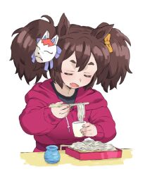Rule 34 | 1girl, animal ears, black shirt, bow, breasts, brown hair, chopsticks, closed eyes, cup, drawstring, fang, food, hair bow, holding, holding chopsticks, holding cup, hood, hood down, hoodie, horse ears, inari one (umamusume), large breasts, mask, mask on head, noodles, open mouth, orange bow, pink hoodie, purple bow, shirt, simple background, solo, twintails, umamusume, upper body, wakaho riku, white background
