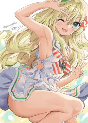 Rule 34 | 1girl, armpits, artist name, blonde hair, blush, bow, double v, dress, fang, feet out of frame, fingernails, grecale (kancolle), green eyes, hair bow, highres, kantai collection, long hair, mizuta kenji, neckerchief, one-hour drawing challenge, one eye closed, open mouth, pink bow, sailor collar, sailor dress, signature, skin fang, sleeveless, sleeveless dress, smile, solo, twitter username, v, white dress, white sailor collar