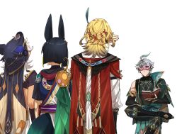 Rule 34 | 4boys, ahoge, alhaitham (genshin impact), animal ears, arm at side, arm up, arms at sides, black hair, blonde hair, book, boots, cape, colored inner hair, colored tips, commentary request, covered eyes, covering own eyes, crossed legs, cyno (genshin impact), eye mask, faceless, faceless male, facing another, feather hair ornament, feathers, fingerless gloves, genshin impact, gloves, green hair, grey hair, hair ornament, hat, head back, highres, holding, holding book, kaveh (genshin impact), long hair, long sleeves, looking at another, mask, multicolored hair, multiple boys, open book, pants, shirt, short hair, simple background, sleep mask, standing, tail, tan, tighnari (genshin impact), two-tone hair, white background, yuka (pixiv38407039)
