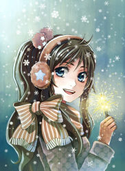 Rule 34 | 1girl, :d, black hair, blue eyes, bow, brown gloves, cardigan, earmuffs, fireworks, gloves, hair ornament, holding, open mouth, original, ponytail, radittz, scarf, smile, snow, snowflakes, snowing, solo, sparkler, sparks, star (symbol), star print, tied scarf, upper body, winter, winter clothes