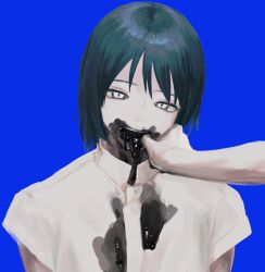 Rule 34 | 1boy, 1other, blue background, blue hair, finger to another&#039;s mouth, highres, liquid, liquid from mouth, looking at viewer, male focus, open mouth, original, qmiqun, shirt, short hair, simple background, solo focus, upper body, white eyes, white shirt