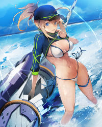 Rule 34 | 1girl, absurdres, ahoge, artoria pendragon (fate), baseball cap, beach, bikini, blonde hair, blue eyes, blue hat, blue jacket, blue sky, blush, breasts, cleavage, cropped jacket, fate/grand order, fate (series), hair between eyes, hair through headwear, hat, highres, jacket, lance, large breasts, long hair, long sleeves, looking at viewer, mysterious heroine x (fate), mysterious heroine xx (fate), navel, nishiide kengorou, ocean, open mouth, polearm, ponytail, shrug (clothing), sidelocks, sky, smile, solo, swimsuit, thighs, twinmyniad (fate), weapon, wet, white bikini, wristband