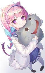 Rule 34 | 1girl, :t, absurdres, ahoge, anchor hair ornament, animal ears, black footwear, blue choker, blue hair, blue hairband, blue skirt, blunt bangs, blush, braid, cat ears, cat girl, cat tail, character doll, choker, hugging doll, french braid, from above, hair ornament, hairband, highres, hololive, jacket, loafers, long hair, long sleeves, looking at viewer, mihasu, minato aqua, minato aqua (sailor), miniskirt, multicolored hair, neko (minato aqua), hugging object, open clothes, open jacket, pantyhose, pleated skirt, pout, purple eyes, purple hair, ribbon, shoes, sidelocks, simple background, skirt, solo, streaked hair, tail, tail ornament, tail ribbon, twin braids, twintails, virtual youtuber, white background, white jacket, white pantyhose