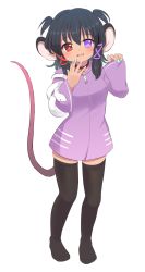 Rule 34 | 1girl, animal ears, bell, black hair, black thighhighs, blush, collar, commentary, dark-skinned female, dark skin, english commentary, full body, hands up, heart, heart in eye, heterochromia, highres, hood, hoodie, indie virtual youtuber, jacket, long sleeves, looking at viewer, medium hair, misha (yomedani kumiko), mouse ears, mouse tail, nail polish, neck bell, no shoes, open mouth, purple eyes, purple jacket, ramudia (lamyun), rat snake, red eyes, second-party source, simple background, skindentation, sleeves past wrists, smile, snake, standing, symbol in eye, tail, thighhighs, twintails, two side up, virtual youtuber, white background, white snake, wide sleeves, yomedani kumiko, zettai ryouiki