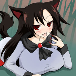 Rule 34 | 1girl, animal ears, black hair, blush, breasts, fang, imaizumi kagerou, large breasts, long hair, lying, naughty face, on stomach, oro (zetsubou girl), red eyes, saliva, solo, tail, touhou, wolf ears, wolf tail