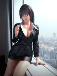 Rule 34 | 3d, black eyes, black hair, breasts, cleavage, highres, incise soul, large breasts, looking at viewer, m-rs, miniskirt, office lady, skirt, tagme, window