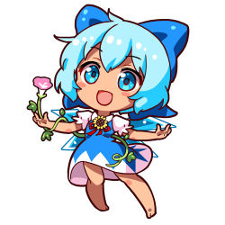 Rule 34 | 1girl, :d, barefoot, blue bow, blue dress, blue eyes, blue hair, blue wings, blush stickers, bow, chibi, cirno, commentary, dress, flower, full body, hair bow, ice, ice wings, looking at viewer, lowres, morning glory, open mouth, outstretched arms, puffy short sleeves, puffy sleeves, renren (ah renren), short hair, short sleeves, simple background, smile, solo, spread arms, sunflower, tan, tanned cirno, touhou, white background, wings