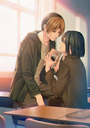 Rule 34 | 2boys, backlighting, bishounen, black hair, black jacket, bloom, blue eyes, bob cut, book, brown eyes, brown hair, chair, chromatic aberration, classroom, couple, desk, evening, eye contact, hand on another&#039;s cheek, hand on another&#039;s face, hand up, hands up, highres, hikaru no go, holding, holding book, hood, hooded jacket, indoors, jacket, light particles, light smile, long sleeves, looking at another, luanma luanma, male focus, multicolored hair, multiple boys, on desk, open book, open clothes, open jacket, pants, parted bangs, profile, school, school chair, school desk, shindou hikaru, shirt, short hair, sitting, sunlight, touya akira, two-tone hair, window, yaoi