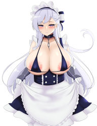 Rule 34 | 1girl, absurdres, areola slip, azur lane, belfast (azur lane), breasts, breasts out, cleavage, highres, huge breasts, large areolae, maid, micro bikini top, rinne pai, solo, white hair