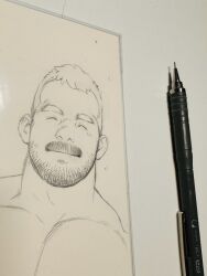 Rule 34 | 1boy, ^ ^, amo (youtian), art tools in frame, bara, beard stubble, closed eyes, facial hair, facing viewer, glasses, graphite (medium), happy, highres, huge eyebrows, ji peng gou you, large pectorals, male focus, mature male, muscular, muscular male, mustache, nude, pectorals, photo (medium), shikishi, short hair, solo, stubble, traditional media, upper body, youtian (youtiange)