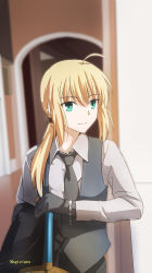 Rule 34 | 1girl, ahoge, artist name, artoria pendragon (fate), bad id, bad pixiv id, blonde hair, dress shirt, excalibur (fate/stay night), fate/stay night, fate/zero, fate (series), gloves, green eyes, highres, magicians (zhkahogigzkh), necktie, ponytail, saber (fate), shirt, solo, sword, vest, weapon