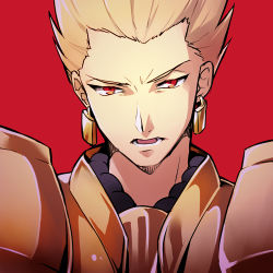 Rule 34 | 1boy, armor, blonde hair, earrings, fate/stay night, fate (series), gears, gilgamesh (fate), hair slicked back, jewelry, lowres, male focus, red eyes, solo, suga (suga suga)