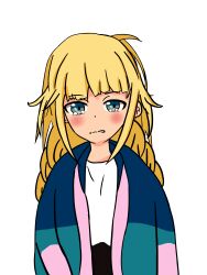 Rule 34 | 1girl, absurdres, ahoge, black pants, blonde hair, blush, braid, doodles, highres, jacket, messy hair, multicolored clothes, multicolored jacket, oversized clothes, pants, paripi koumei, shirt, sidelocks, simple background, sokcuri, solo, tearing up, tsukimi eiko, twin braids, white background, white shirt