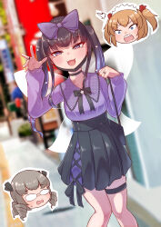 Rule 34 | 3girls, :d, absurdres, alternate hairstyle, bag, blurry, blurry background, bow, breasts, commentary request, cookie (touhou), dutch angle, eyelashes, fairy wings, feet out of frame, hair bow, hair ornament, half-closed eyes, handbag, hands up, highres, holding, holding bag, jewelry, knees together feet apart, legband, long hair, long sleeves, looking at viewer, luna child, mask, mask pull, medium breasts, mouth mask, multiple girls, open mouth, pleated skirt, puffy long sleeves, puffy sleeves, purple bow, purple eyes, ring, riran youkyu, shiriri saikyo, shunga youkyu, skindentation, skirt, smile, solo focus, standing, star (symbol), star hair ornament, star sapphire, sunny milk, touhou, tsugumi amon, twintails, wings