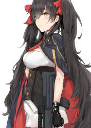 Rule 34 | 1girl, assault rifle, black hair, blush, breasts, brown eyes, bullpup, buttons, cape, closed mouth, double-breasted, fingerless gloves, from side, girls&#039; frontline, gloves, gun, hair between eyes, hair ribbon, holding, holding gun, holding weapon, long hair, looking at viewer, medium breasts, mudiv, necktie, pleated skirt, qbz-95, qbz-97, red ribbon, ribbon, rifle, shirt, sidelocks, simple background, skirt, solo, twintails, type 97 (girls&#039; frontline), underbust, very long hair, weapon, white background, white shirt