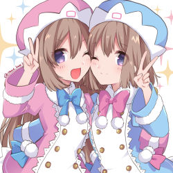 Rule 34 | 2girls, ;), ;d, arm around waist, blue coat, blue eyes, blue headwear, blue neckwear, blush, bow, bowtie, breast press, brown hair, buttons, cheek-to-cheek, coat, double-breasted, fang, fur-trimmed coat, fur trim, hair between eyes, hand up, happy, haruna (citrus love i), heads together, hug, long hair, medium hair, multiple girls, neptune (series), one eye closed, open mouth, pink coat, pink headwear, pink neckwear, pom pom (clothes), ram (neptunia), rom (neptunia), siblings, sisters, smile, star (symbol), starry background, symmetrical docking, twins, v, very long hair, wide sleeves
