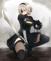 Rule 34 | 1girl, baretto (karasi07), black dress, black gloves, black thighhighs, blindfold, blonde hair, breasts, cleavage, dress, gloves, hairband, highres, holding, holding sword, holding weapon, mole, mole under mouth, nier (series), nier:automata, puffy sleeves, short hair, solo, sword, thighhighs, weapon, 2b (nier:automata)
