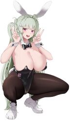 Rule 34 | 1girl, absurdres, animal ears, black bow, black bowtie, black leotard, blush, bow, bowtie, breasts, detached collar, double v, fake animal ears, goddess of victory: nikke, green hair, highres, large breasts, leotard, long hair, looking at viewer, masaki nanaya, mole, open mouth, pantyhose, playboy bunny, purple eyes, rabbit ears, smile, soda (nikke), soda (twinkling bunny) (nikke), solo, squatting, v, wrist cuffs