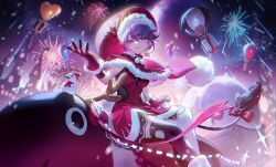 Rule 34 | 1girl, aerial fireworks, animal, black thighhighs, blue eyes, blue hair, box, capelet, christmas, commentary request, doremy sweet, earrings, fireworks, gift, gift box, gloves, hair between eyes, hat, jewelry, looking at viewer, open mouth, pom pom (clothes), red capelet, red gloves, red hat, sack, santa costume, santa hat, short hair, single earring, sitting, snowman, solo, star (symbol), star earrings, tail, tapir, tapir tail, thighhighs, touhou, u u zan