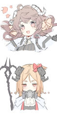 Rule 34 | ..., 2girls, :d, absurdres, ahoge, animal ears, arknights, black choker, black dress, blonde hair, blush, bow, brown hair, choker, cosplay, costume switch, covered mouth, demon girl, demon horns, dress, eyjafjalla (arknights), feather choker, hair bow, highres, horn bow, horn ornament, horns, ifrit (arknights), jacket, lionet0806, long hair, mask, mask around neck, multiple girls, open clothes, open jacket, open mouth, red bow, sheep ears, sheep girl, sheep horns, short hair, simple background, smile, staff, teeth, unamused, upper body, upper teeth only, white background, white jacket, yellow bow