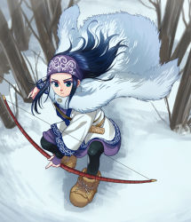 Rule 34 | 1girl, ainu, ainu clothes, asirpa, bandana, black hair, blue eyes, bow (weapon), brown footwear, cape, earrings, fighting stance, foxvulpine, fur cape, golden kamuy, hoop earrings, jewelry, long hair, pantyhose, simple background, snow, solo, branch, weapon