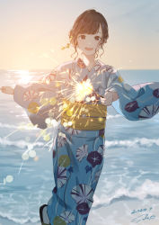 Rule 34 | 1girl, :d, absurdres, beach, black footwear, blue kimono, blue sky, blurry, bokeh, brown eyes, brown hair, commentary, cowboy shot, dated, dawn, day, depth of field, earrings, eyelashes, fireworks, floral print, hair ornament, hairclip, highres, holding, japanese clothes, jewelry, kimono, looking at viewer, obi, ocean, open mouth, original, outdoors, sako (35s 00), sandals, sash, short hair, signature, sky, smile, solo, sparkler, sun, sunlight, waves, wide sleeves, yukata