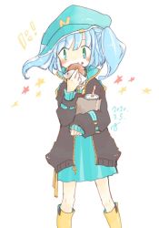 Rule 34 | adapted costume, black jacket, blue hair, boots, burger, commentary request, cup, dated, disposable cup, dress, drinking straw, feet out of frame, food, food on face, green dress, green eyes, green headwear, hand up, holding, holding food, jacket, kawashiro nitori, long hair, long sleeves, m (m073111), one-hour drawing challenge, rubber boots, signature, simple background, star (symbol), touhou, white background, wind, yellow footwear