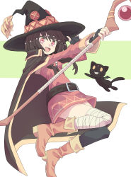 Rule 34 | 1girl, :d, absurdres, banana takemura, bandaged leg, bandages, bat wings, belt, belt buckle, black cape, black gloves, black headwear, black thighhighs, boots, breasts, brown belt, brown footwear, brown hair, buckle, cape, cat, chomusuke, commentary request, creature, dress, fingerless gloves, full body, gloves, hand on headwear, hat, highres, holding, holding staff, kono subarashii sekai ni shukufuku wo!, long sleeves, looking at viewer, megumin, open mouth, red dress, red eyes, short dress, short hair with long locks, sidelocks, single thighhigh, small breasts, smile, staff, thighhighs, wings, witch hat