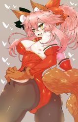 Rule 34 | 1girl, animal ear fluff, animal ears, animal hands, ass, bare shoulders, bell, black legion, bow, breasts, brown pantyhose, collar, elbow gloves, fang, fate/grand order, fate (series), fox ears, fox girl, fox tail, from behind, gloves, hair bow, highres, large breasts, leotard, long hair, looking back, neck bell, pantyhose, paw gloves, pink hair, ponytail, red leotard, strapless, strapless leotard, tail, tamamo (fate), tamamo cat (fate), tamamo no mae (fate/extra), wakura (gcdan), yellow eyes