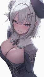 Rule 34 | 1girl, absurdres, azur lane, blush, breasts, cleavage, cleavage cutout, clothing cutout, freng, grey hair, grin, hair bun, highres, jade (azur lane), large breasts, looking at viewer, mole, mole under eye, simple background, single side bun, smile, solo, tilted headwear, uniform, upper body, white background
